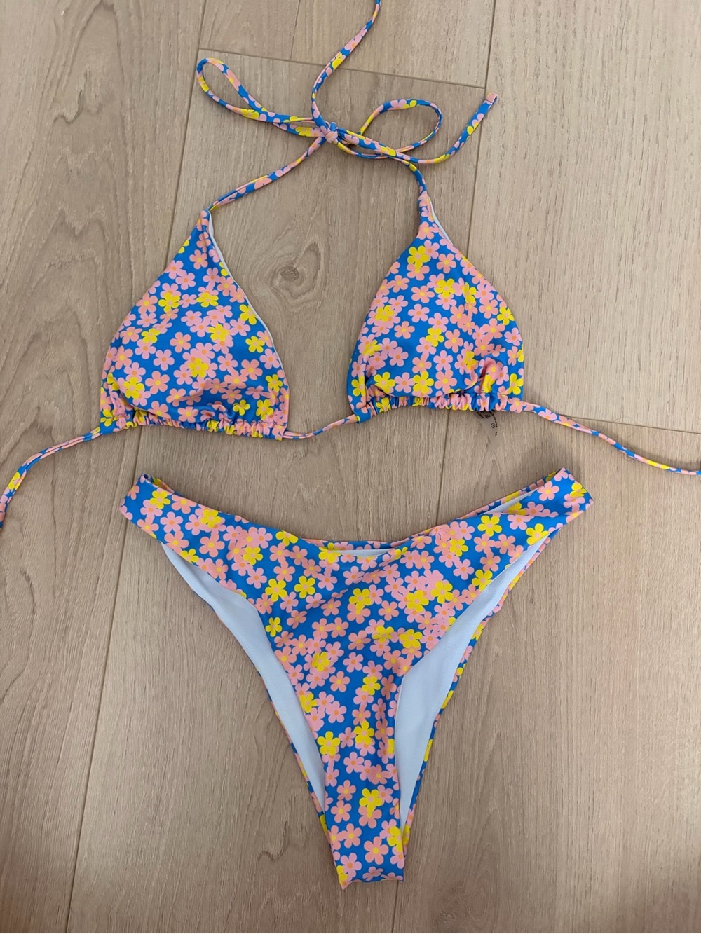 SHEIN Blue Floral Triangle Bikini Set with Pink & Yellow Flowers